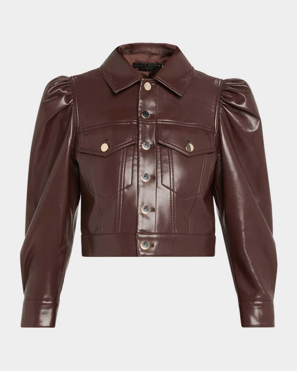 Lana Vegan Leather Puff-Shoulder Jacket